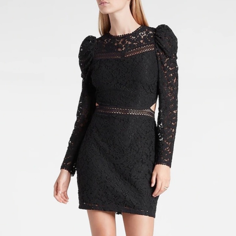 NWT Express | Women’s Black Lace Long Puffer Sleeves Cut Out Sides Dress Size XL